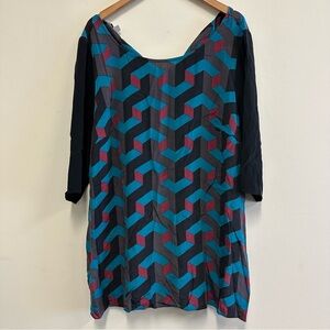 Anna Scholz 100% Silk Teal and Burgundy Geometric Print Dress